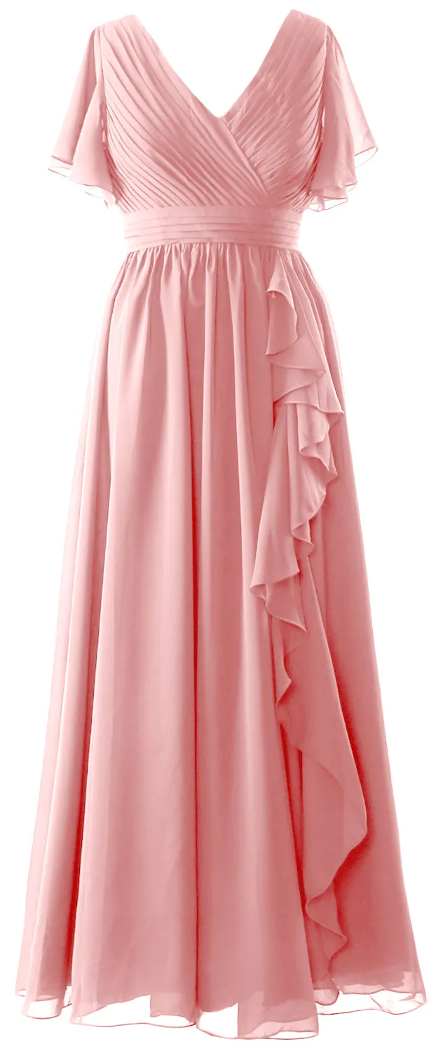 MACloth Mother of the Bride Dresses with Sleeves V Neck Long Wedding Formal Gown