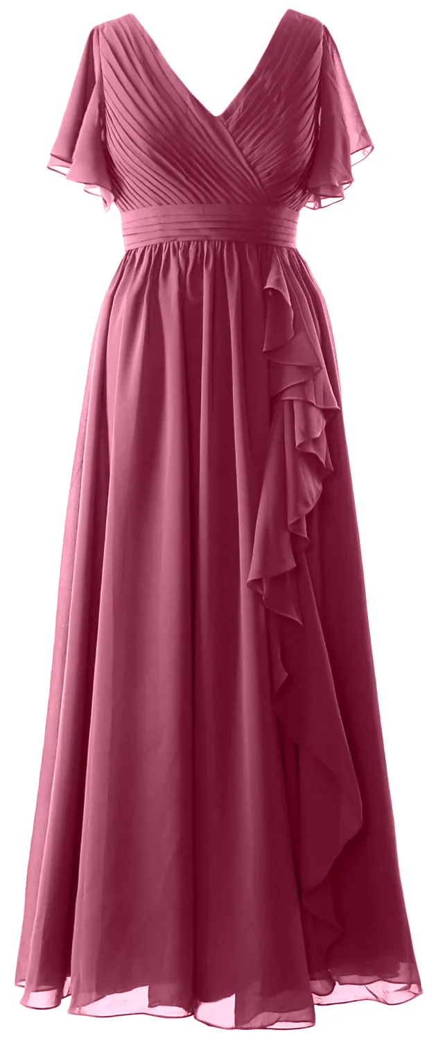 MACloth Mother of the Bride Dresses with Sleeves V Neck Long Wedding Formal Gown