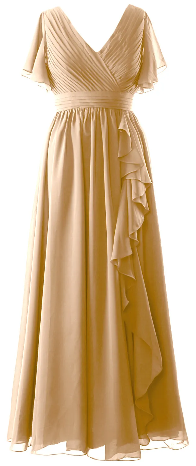 MACloth Mother of the Bride Dresses with Sleeves V Neck Long Wedding Formal Gown