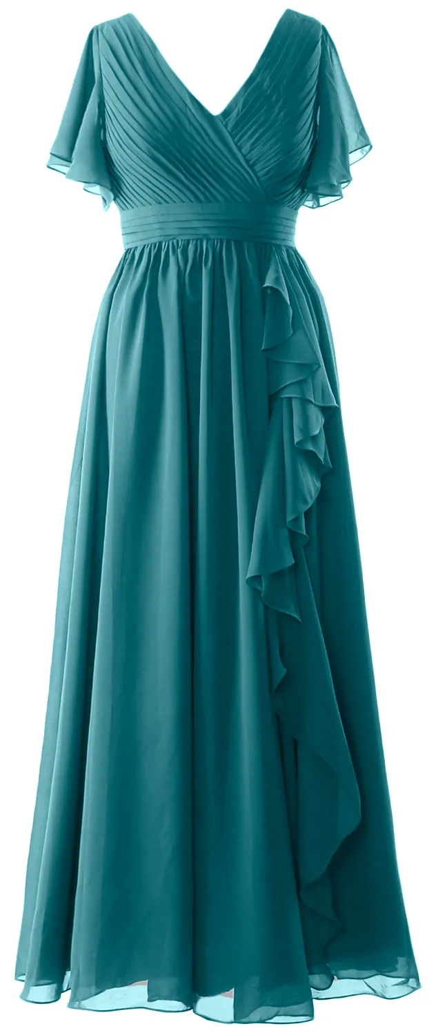 MACloth Mother of the Bride Dresses with Sleeves V Neck Long Wedding Formal Gown