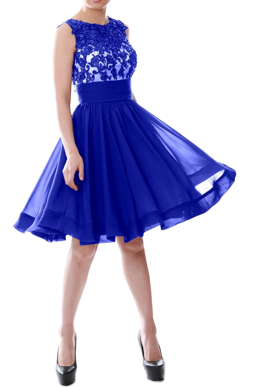 MACloth Women Beaded Lace Chiffon Short Prom Formal Dress Cocktail Party Gown