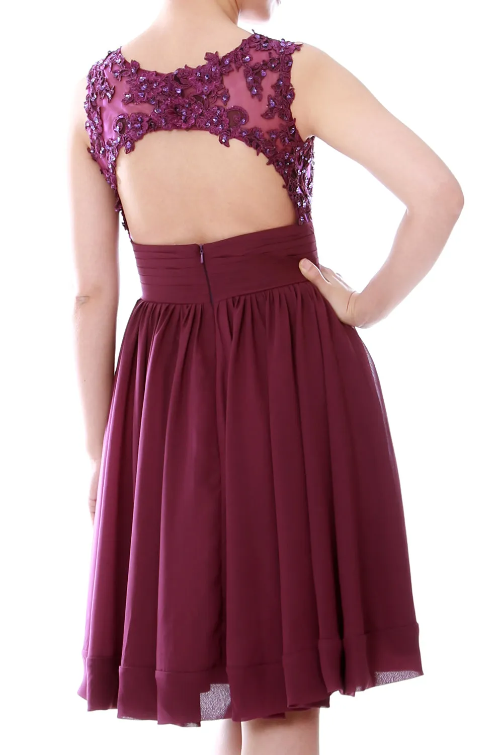 MACloth Women Beaded Lace Chiffon Short Prom Formal Dress Cocktail Party Gown
