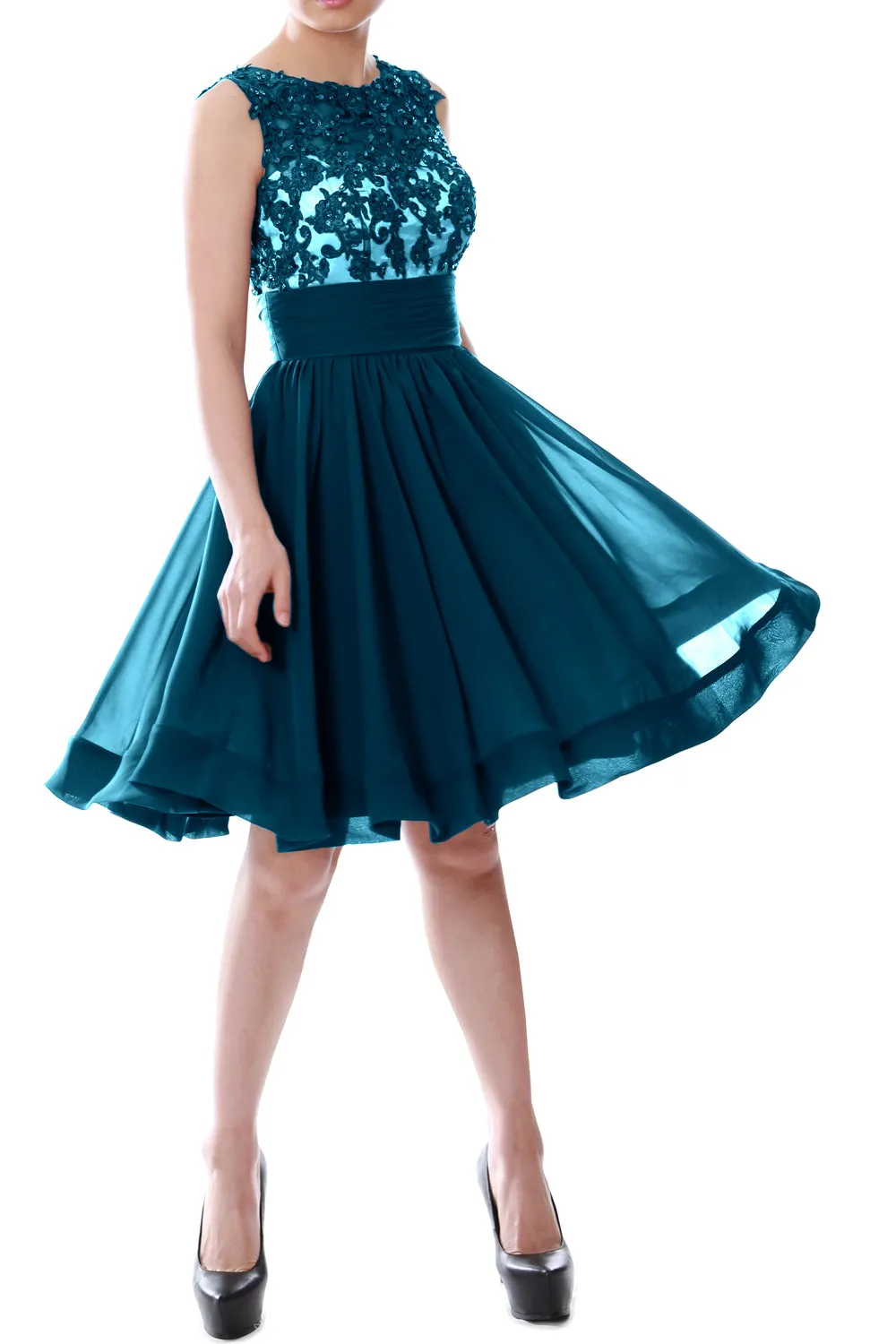 MACloth Women Beaded Lace Chiffon Short Prom Formal Dress Cocktail Party Gown