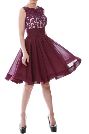 MACloth Women Beaded Lace Chiffon Short Prom Formal Dress Cocktail Party Gown