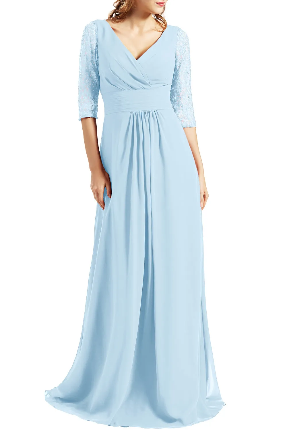 MACloth Women Long Mother of the Bride Dresses V Neck 3/4 Sleeves Evening Gown