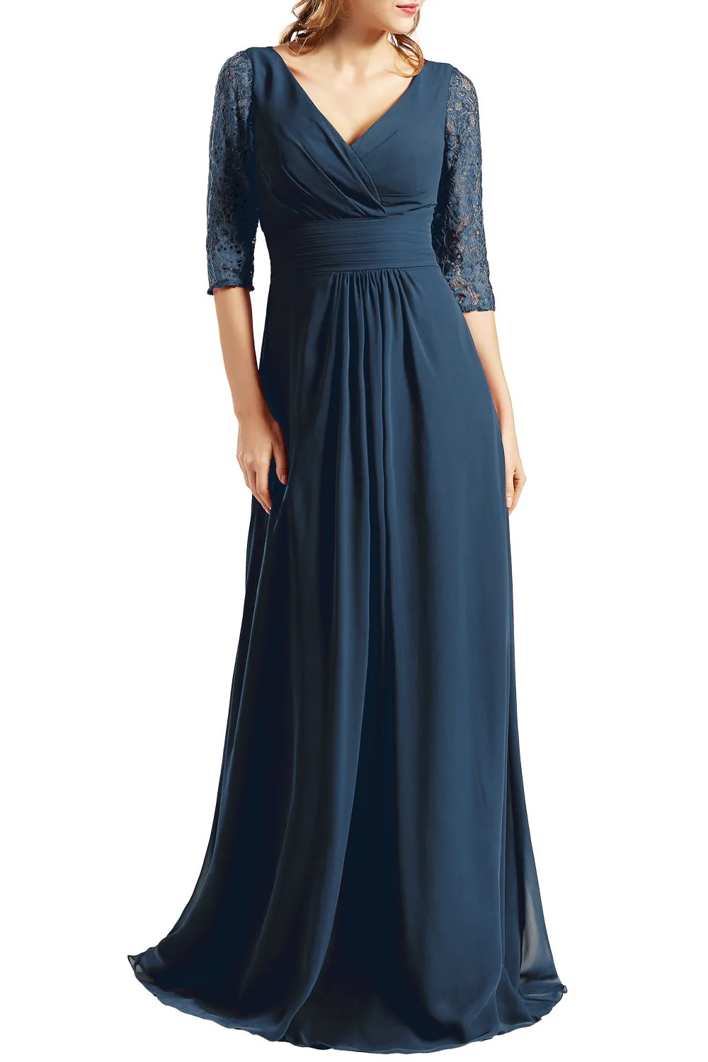 MACloth Women Long Mother of the Bride Dresses V Neck 3/4 Sleeves Evening Gown