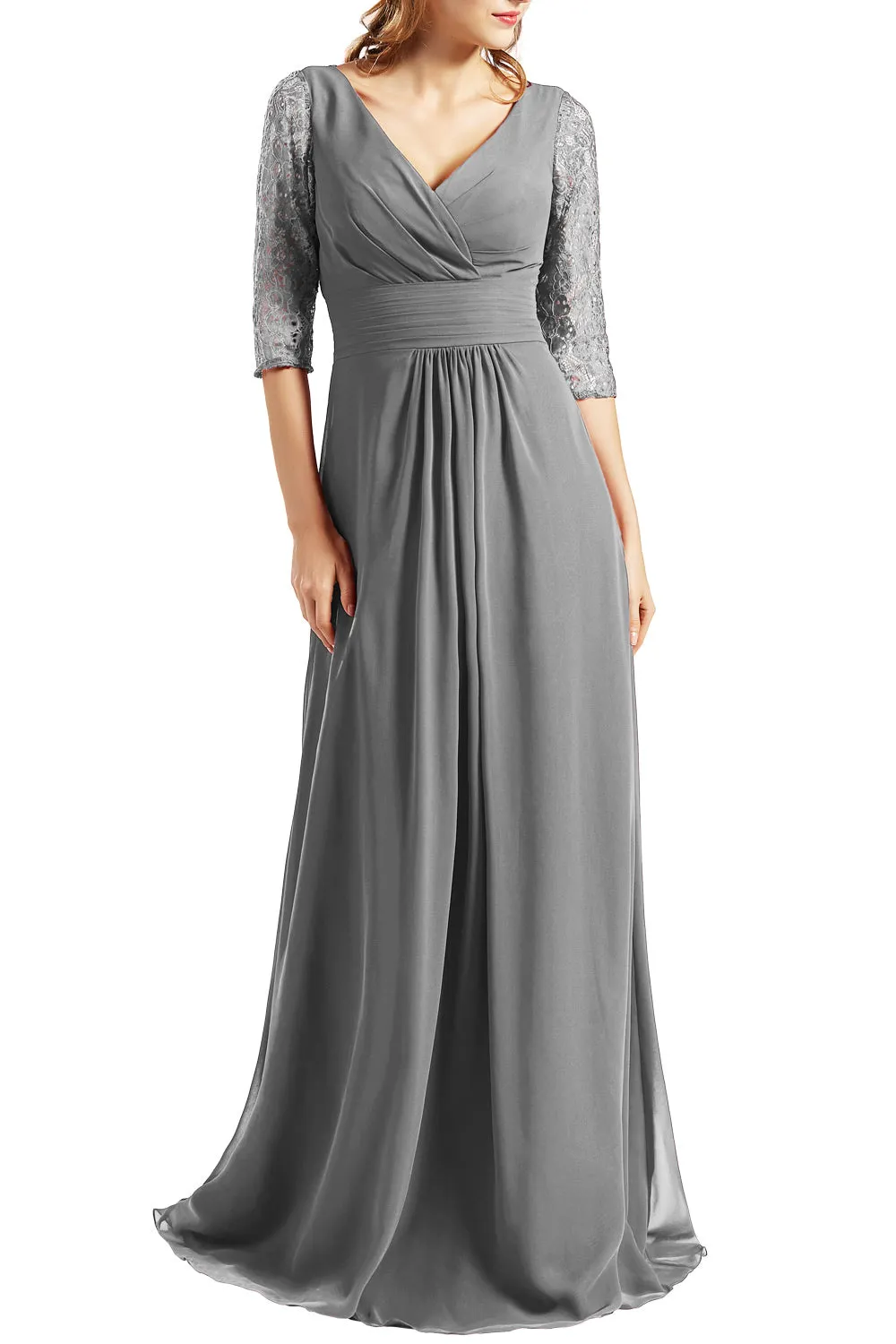 MACloth Women Long Mother of the Bride Dresses V Neck 3/4 Sleeves Evening Gown