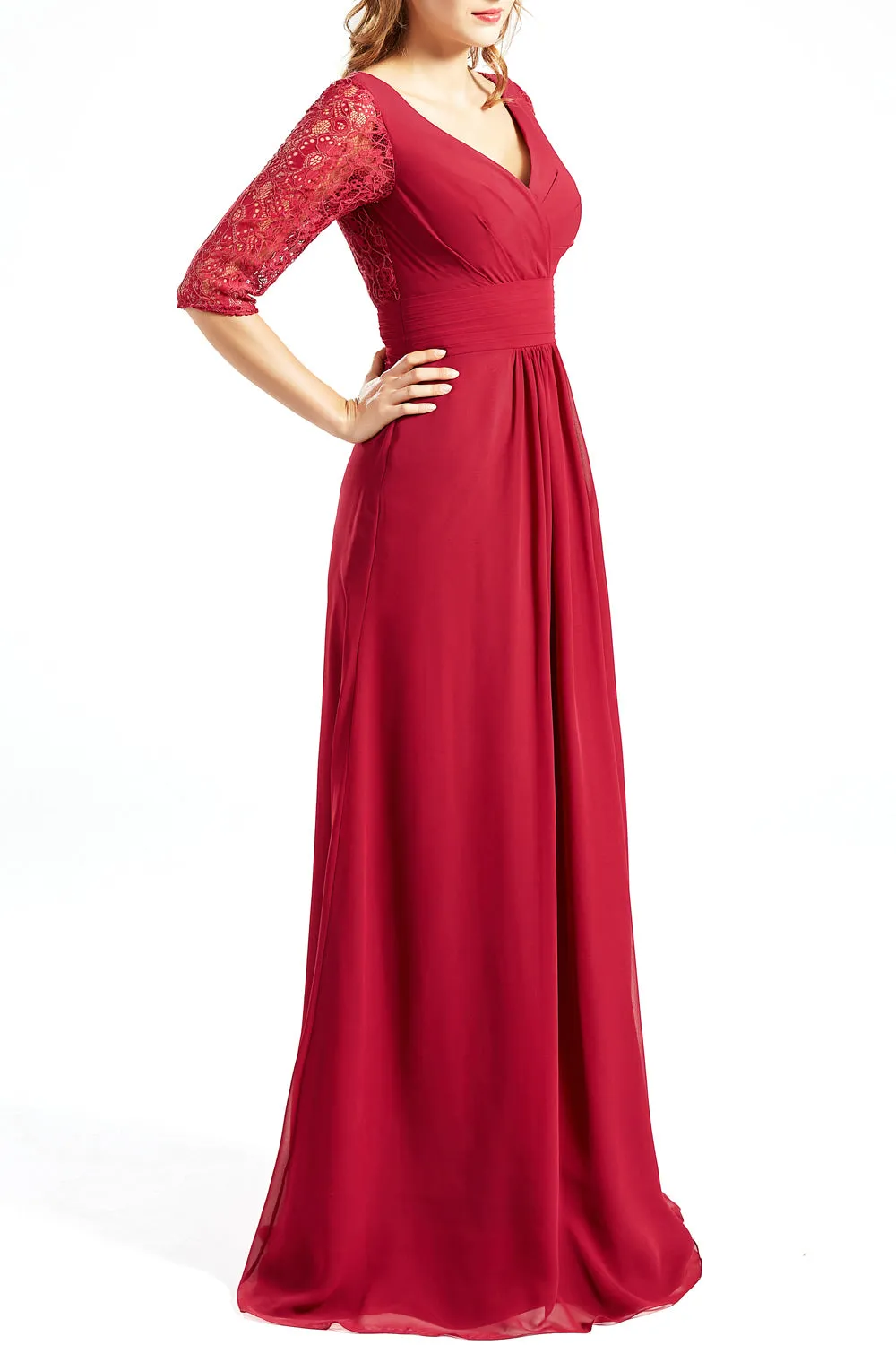 MACloth Women Long Mother of the Bride Dresses V Neck 3/4 Sleeves Evening Gown