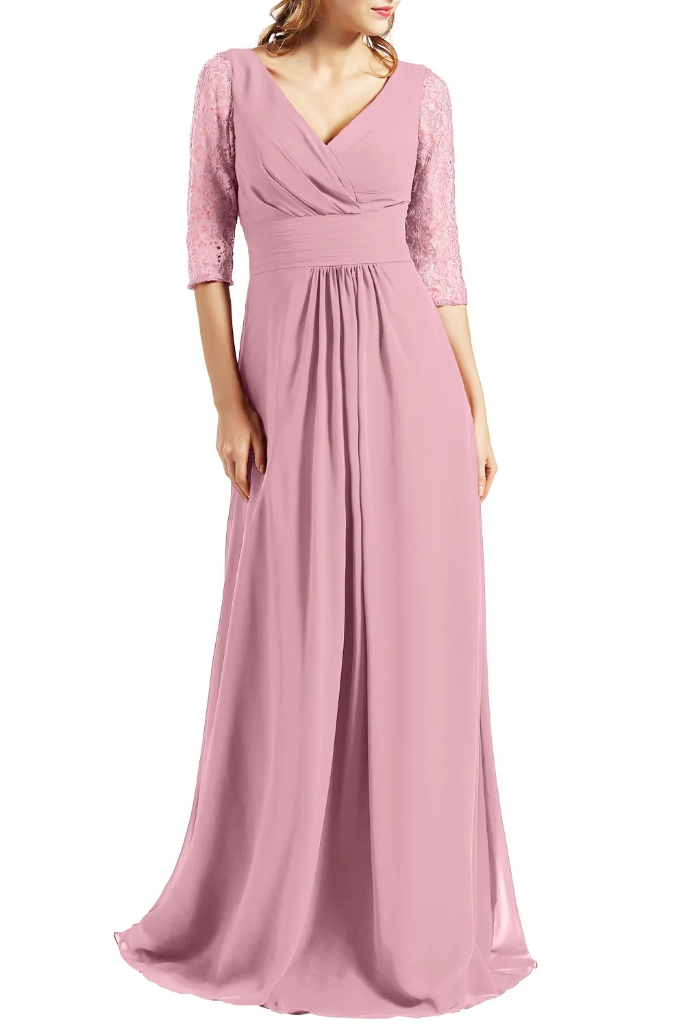 MACloth Women Long Mother of the Bride Dresses V Neck 3/4 Sleeves Evening Gown