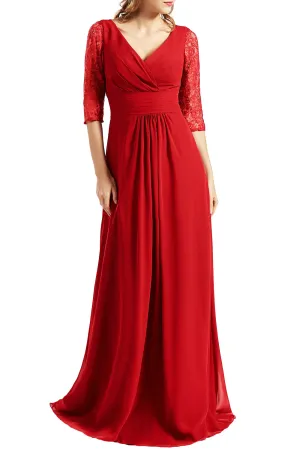 MACloth Women Long Mother of the Bride Dresses V Neck 3/4 Sleeves Evening Gown