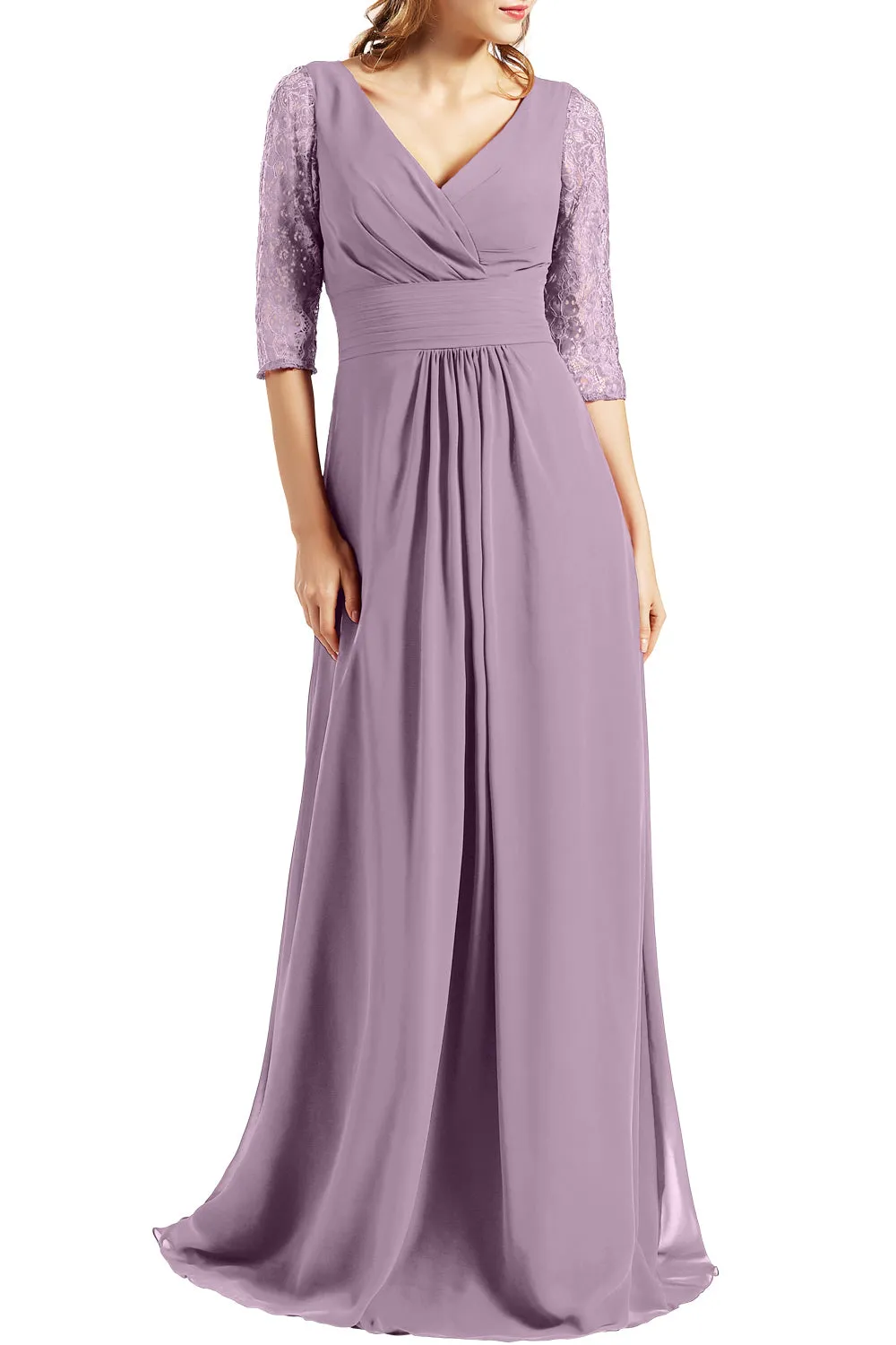 MACloth Women Long Mother of the Bride Dresses V Neck 3/4 Sleeves Evening Gown
