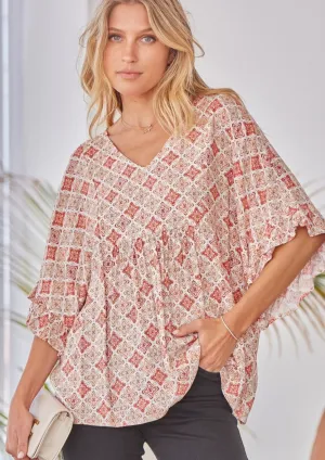 Memphis Flowy Poncho Blouse with Ruffle Sleeves
