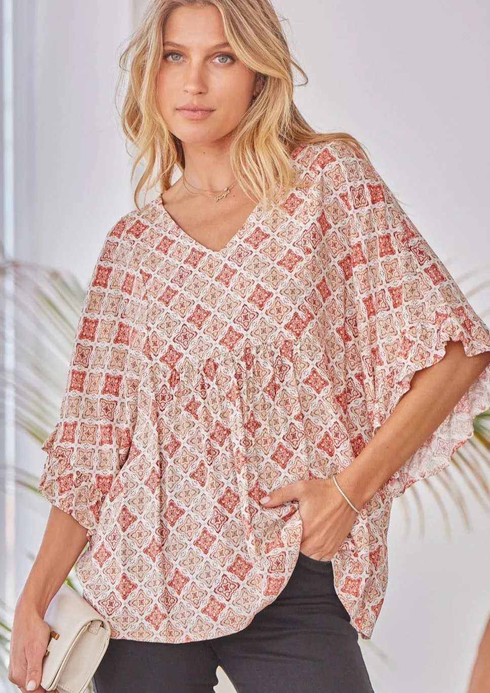 Memphis Flowy Poncho Blouse with Ruffle Sleeves