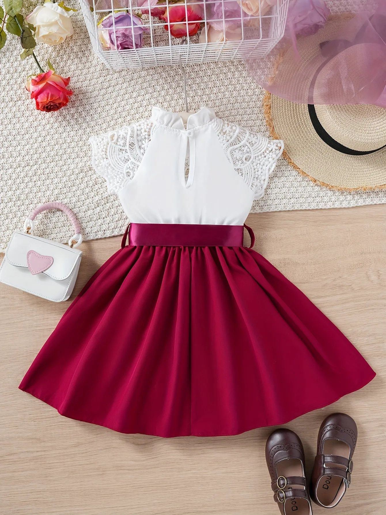 Midi Length Sleeveless Princess Dress for Girls - Lace Panel Collar, A-line, Belted, Slight Stretch, Solid Color, Dressy Style - Perfect for Summer