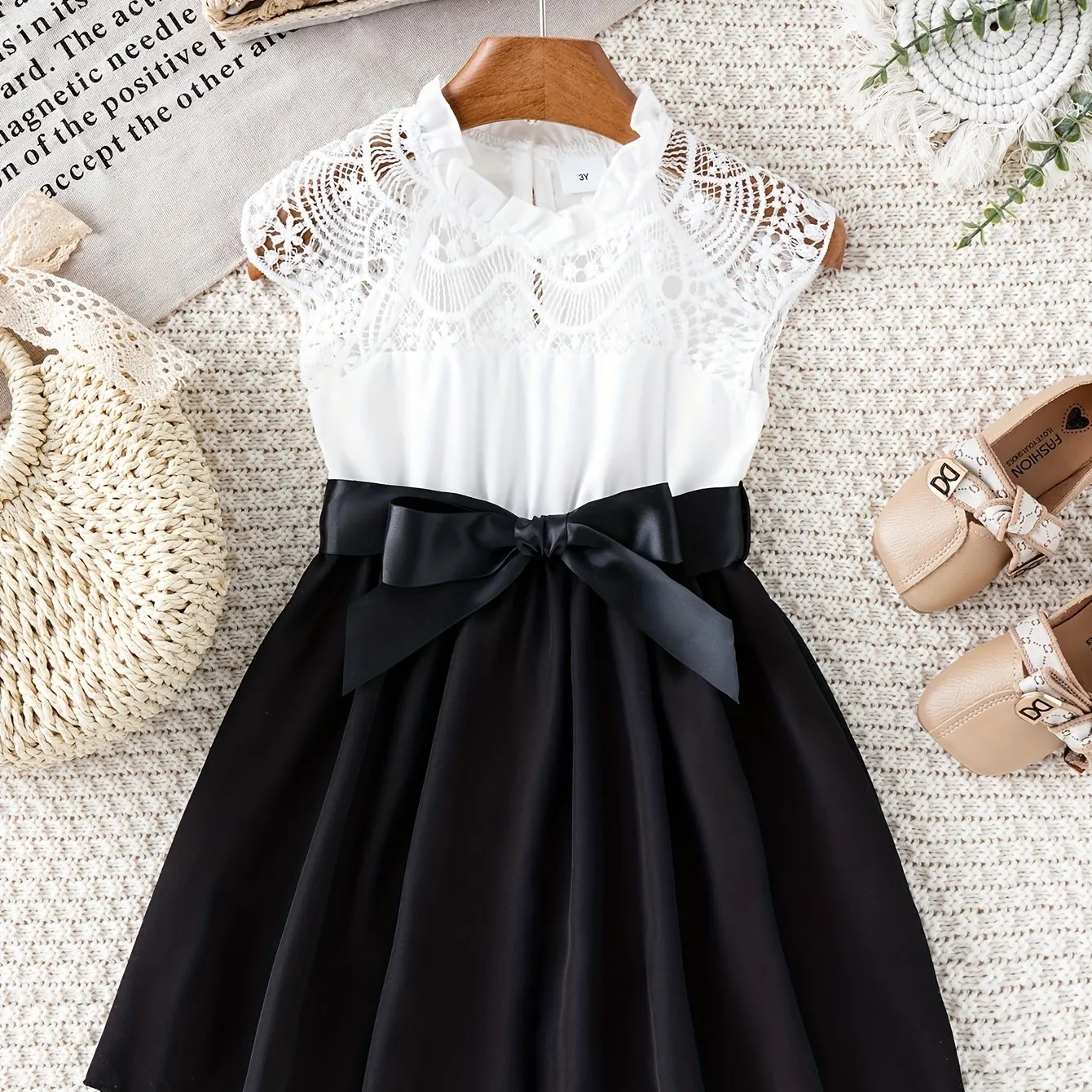 Midi Length Sleeveless Princess Dress for Girls - Lace Panel Collar, A-line, Belted, Slight Stretch, Solid Color, Dressy Style - Perfect for Summer