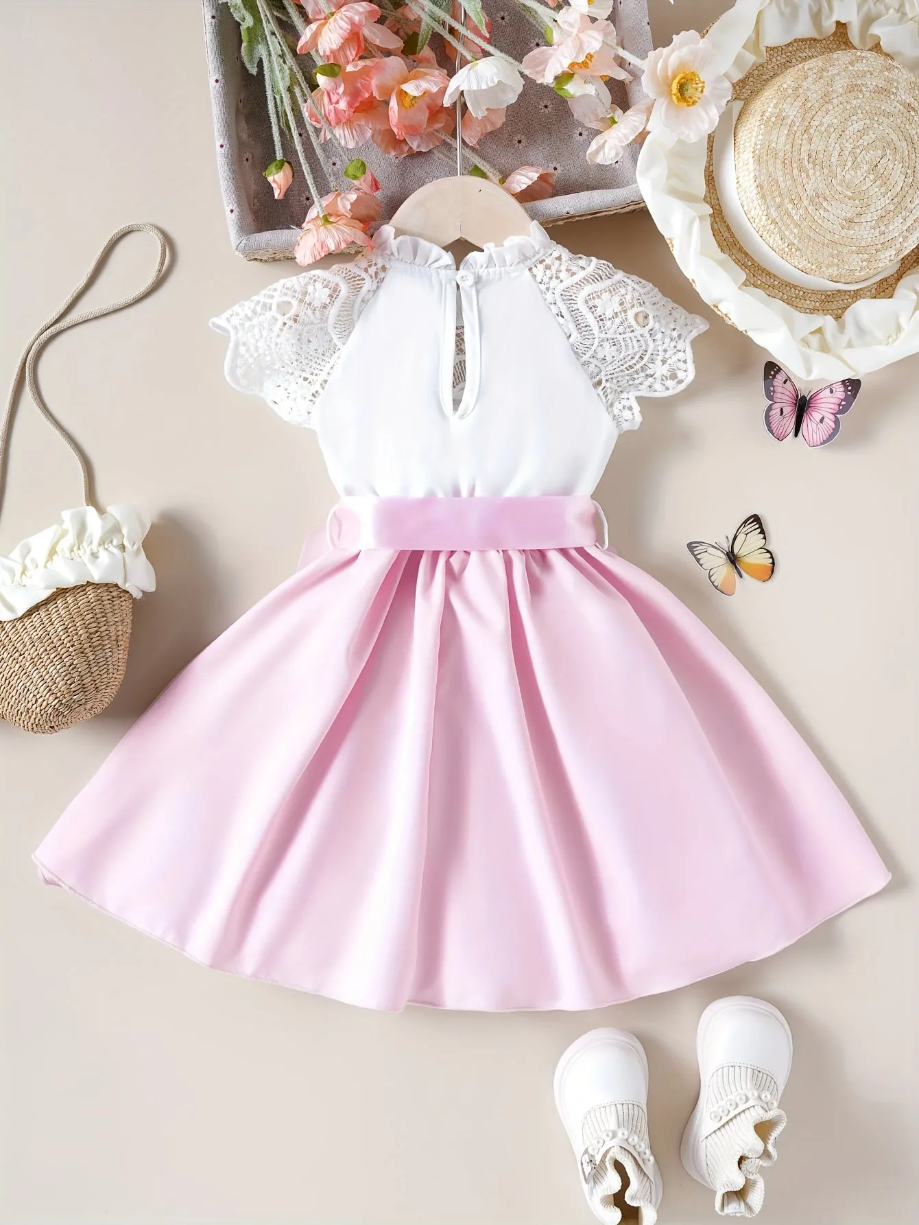 Midi Length Sleeveless Princess Dress for Girls - Lace Panel Collar, A-line, Belted, Slight Stretch, Solid Color, Dressy Style - Perfect for Summer