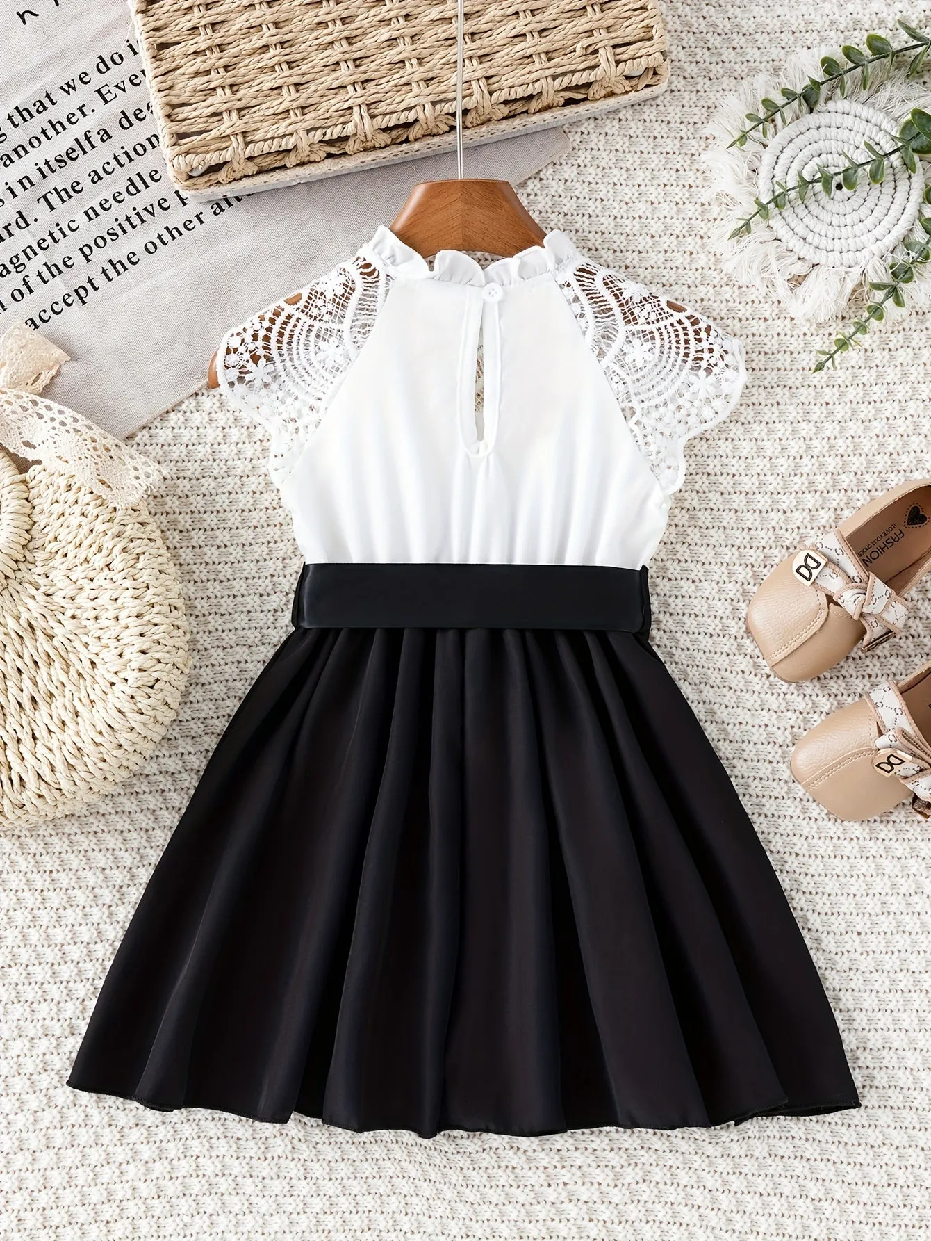 Midi Length Sleeveless Princess Dress for Girls - Lace Panel Collar, A-line, Belted, Slight Stretch, Solid Color, Dressy Style - Perfect for Summer