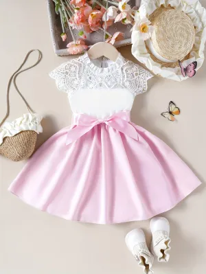Midi Length Sleeveless Princess Dress for Girls - Lace Panel Collar, A-line, Belted, Slight Stretch, Solid Color, Dressy Style - Perfect for Summer