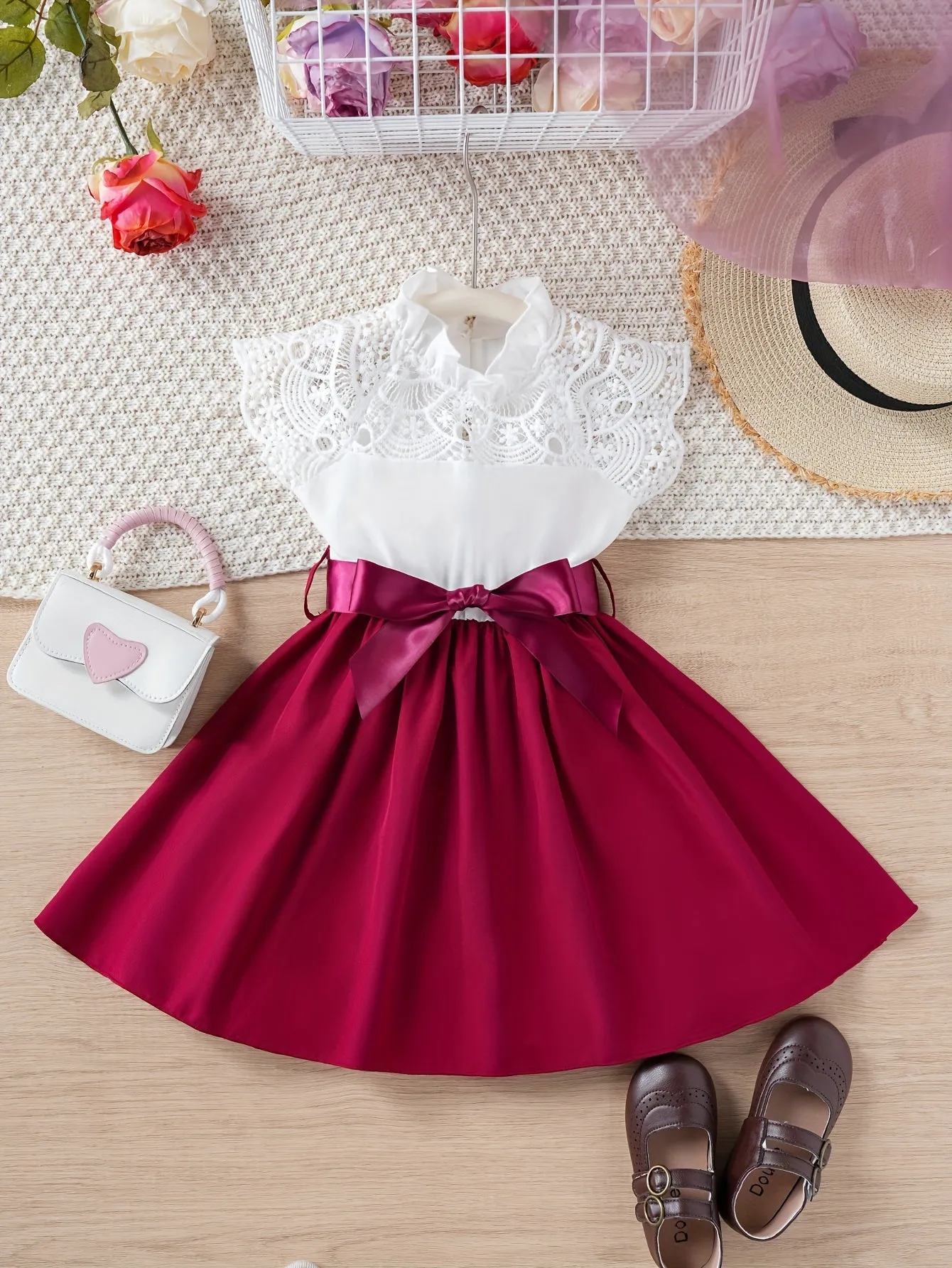 Midi Length Sleeveless Princess Dress for Girls - Lace Panel Collar, A-line, Belted, Slight Stretch, Solid Color, Dressy Style - Perfect for Summer