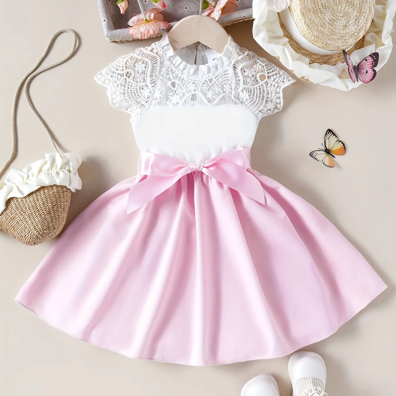 Midi Length Sleeveless Princess Dress for Girls - Lace Panel Collar, A-line, Belted, Slight Stretch, Solid Color, Dressy Style - Perfect for Summer