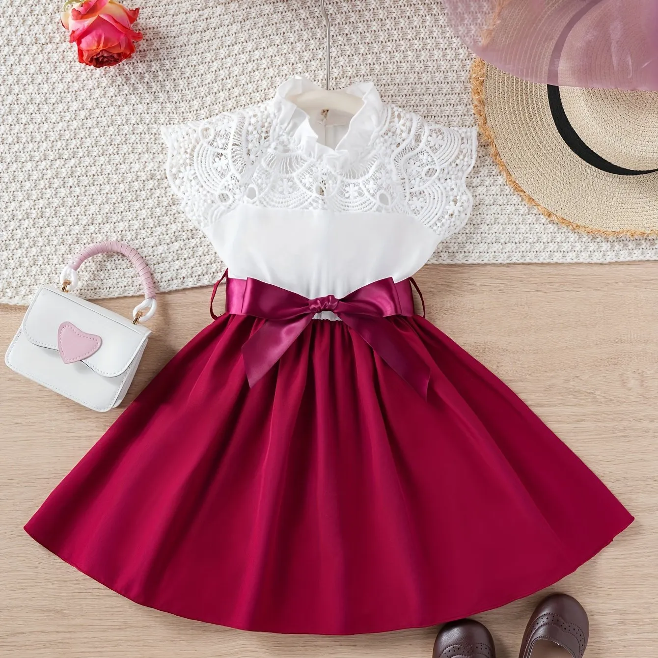 Midi Length Sleeveless Princess Dress for Girls - Lace Panel Collar, A-line, Belted, Slight Stretch, Solid Color, Dressy Style - Perfect for Summer
