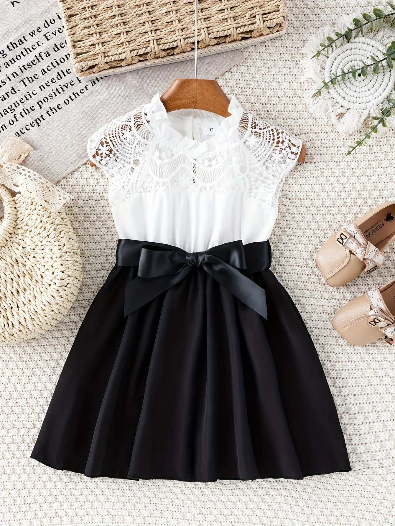 Midi Length Sleeveless Princess Dress for Girls - Lace Panel Collar, A-line, Belted, Slight Stretch, Solid Color, Dressy Style - Perfect for Summer