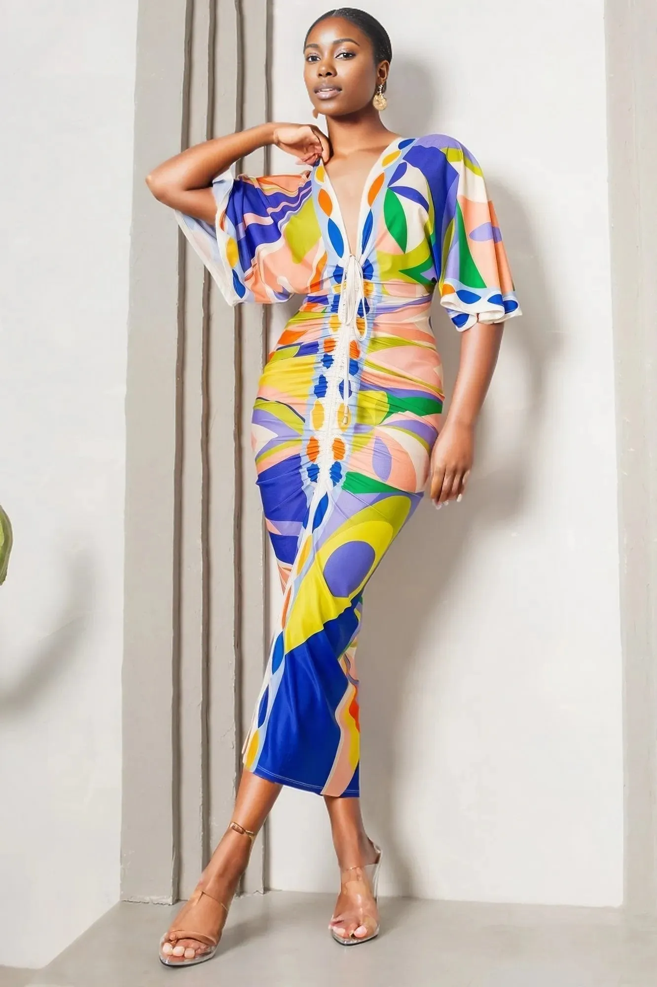 Multicolor Front Ruched V-neck Midi Dress