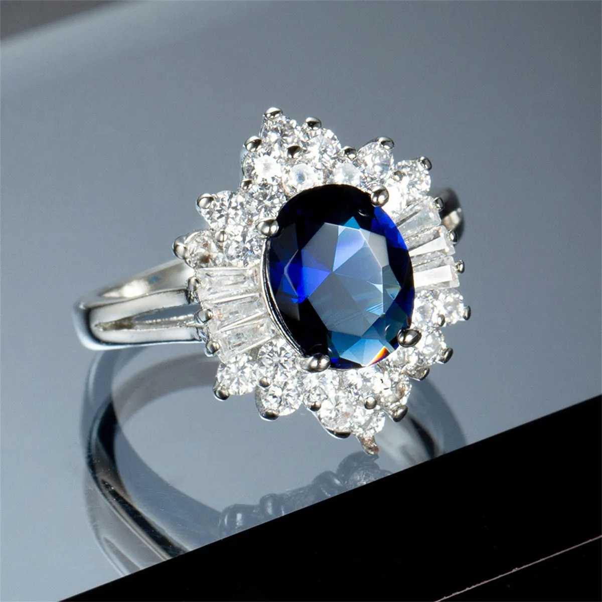 Navy Crystal & Cubic Zirconia Silver-Plated Flower Ring