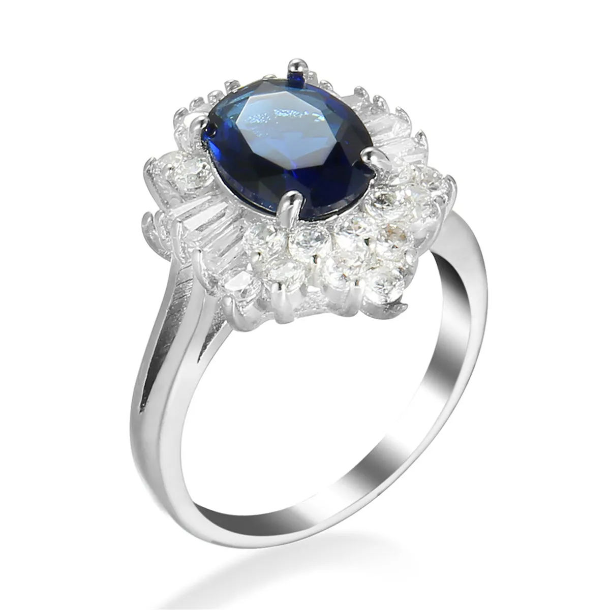 Navy Crystal & Cubic Zirconia Silver-Plated Flower Ring