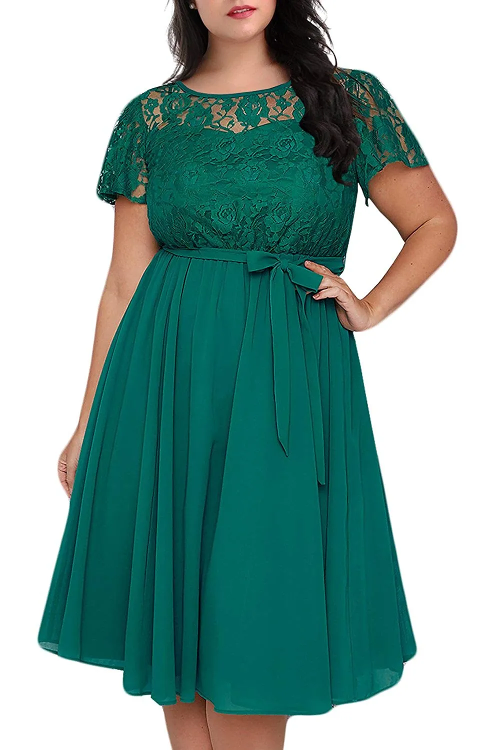 Nemidor Women's Scooped Neckline Floral lace Top Plus Size Cocktail Party Midi Dress