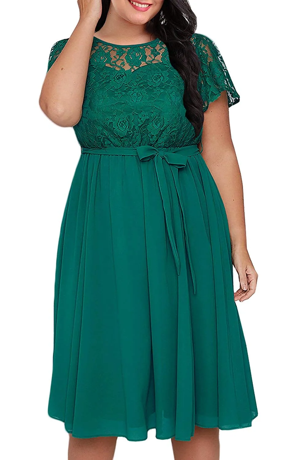 Nemidor Women's Scooped Neckline Floral lace Top Plus Size Cocktail Party Midi Dress