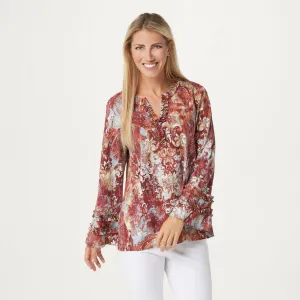 NWT Belle By Kim Gravel Women's Tapestry Print Ruffle V-Neck Blouse. A367279 L