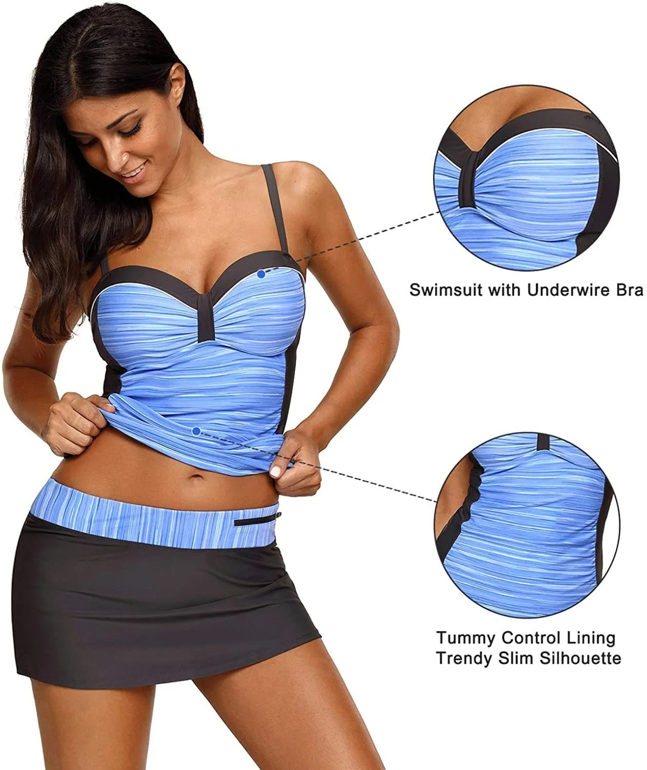 NXY Women's Colorblock Push Up Tankini Tops with Skirted Bottom Swimsuits Set