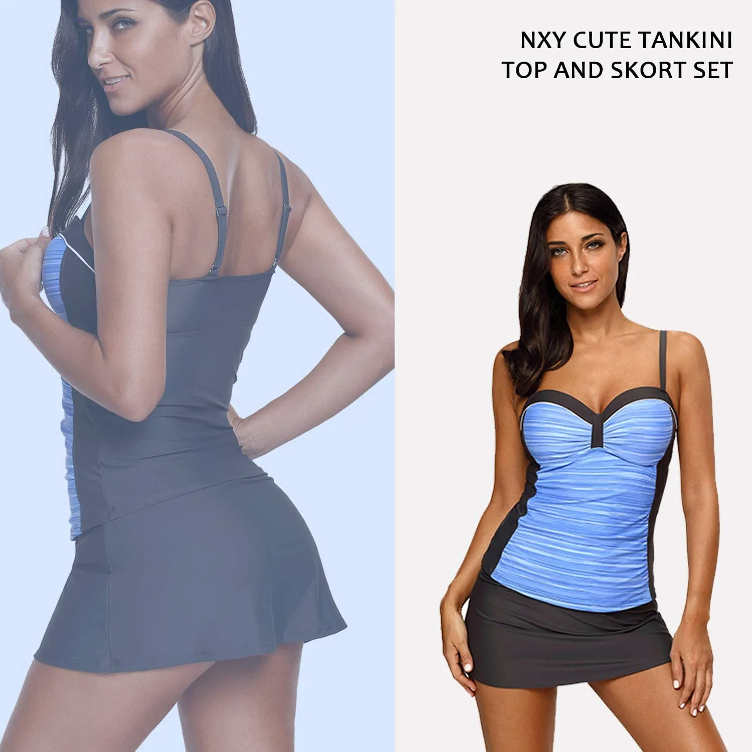 NXY Women's Colorblock Push Up Tankini Tops with Skirted Bottom Swimsuits Set