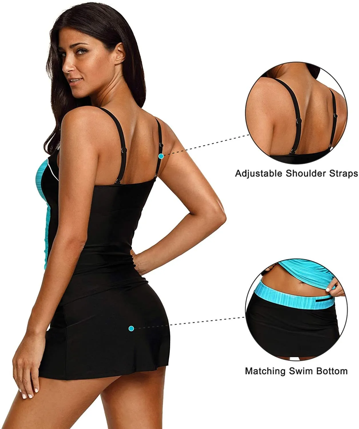 NXY Women's Colorblock Push Up Tankini Tops with Skirted Bottom Swimsuits Set
