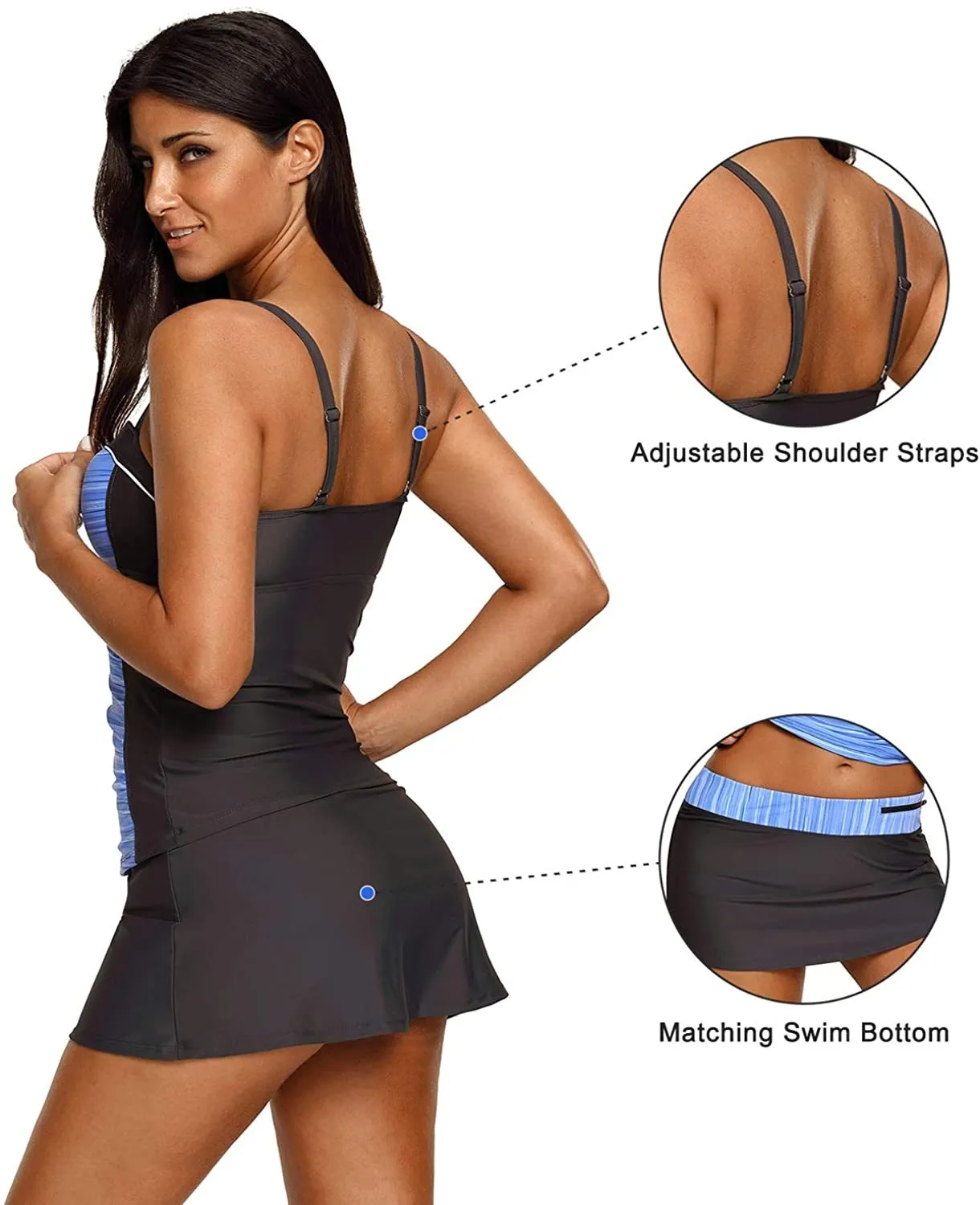 NXY Women's Colorblock Push Up Tankini Tops with Skirted Bottom Swimsuits Set