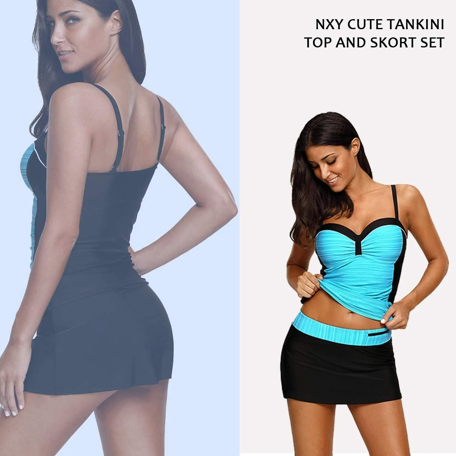 NXY Women's Colorblock Push Up Tankini Tops with Skirted Bottom Swimsuits Set