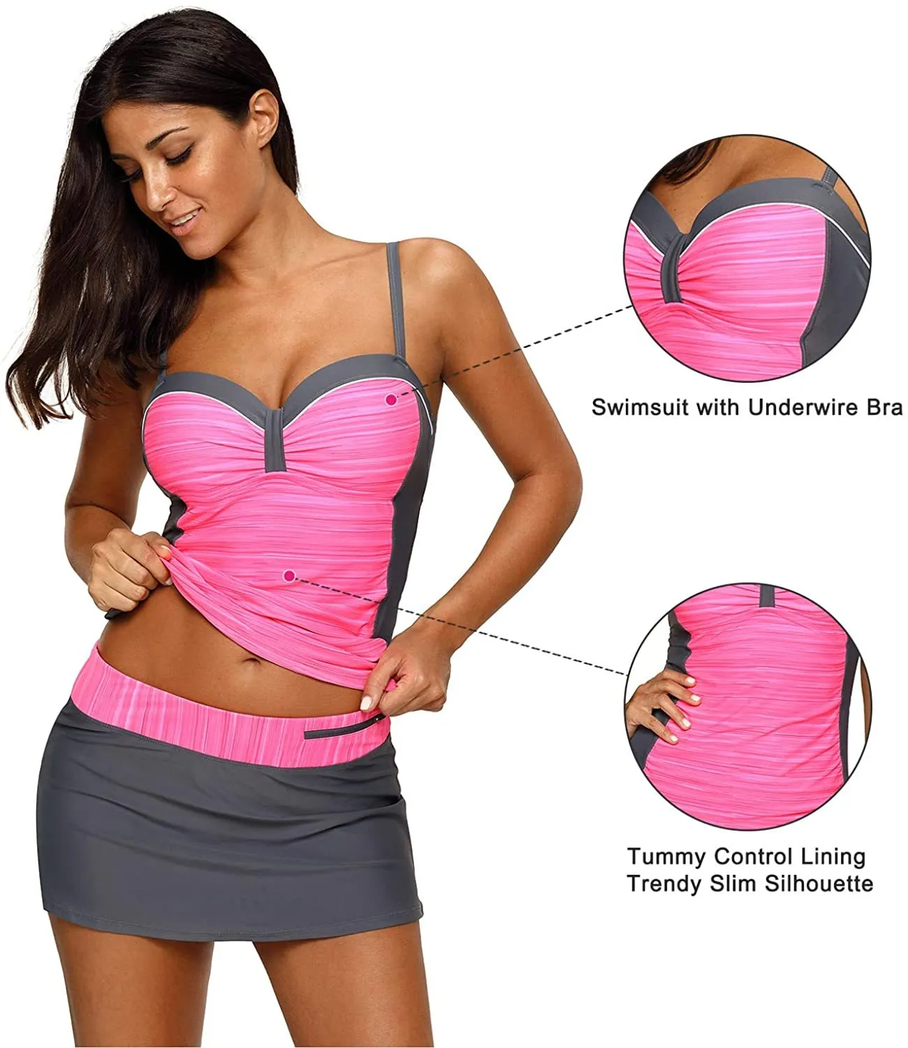 NXY Women's Colorblock Push Up Tankini Tops with Skirted Bottom Swimsuits Set