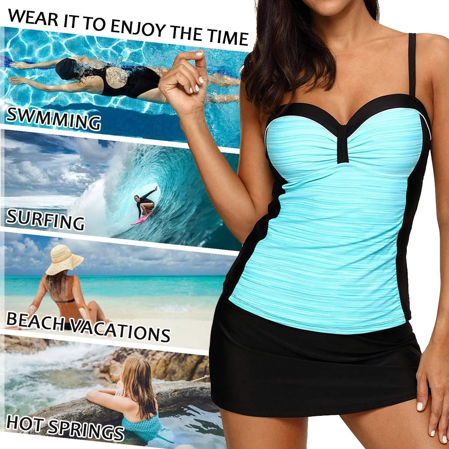 NXY Women's Colorblock Push Up Tankini Tops with Skirted Bottom Swimsuits Set