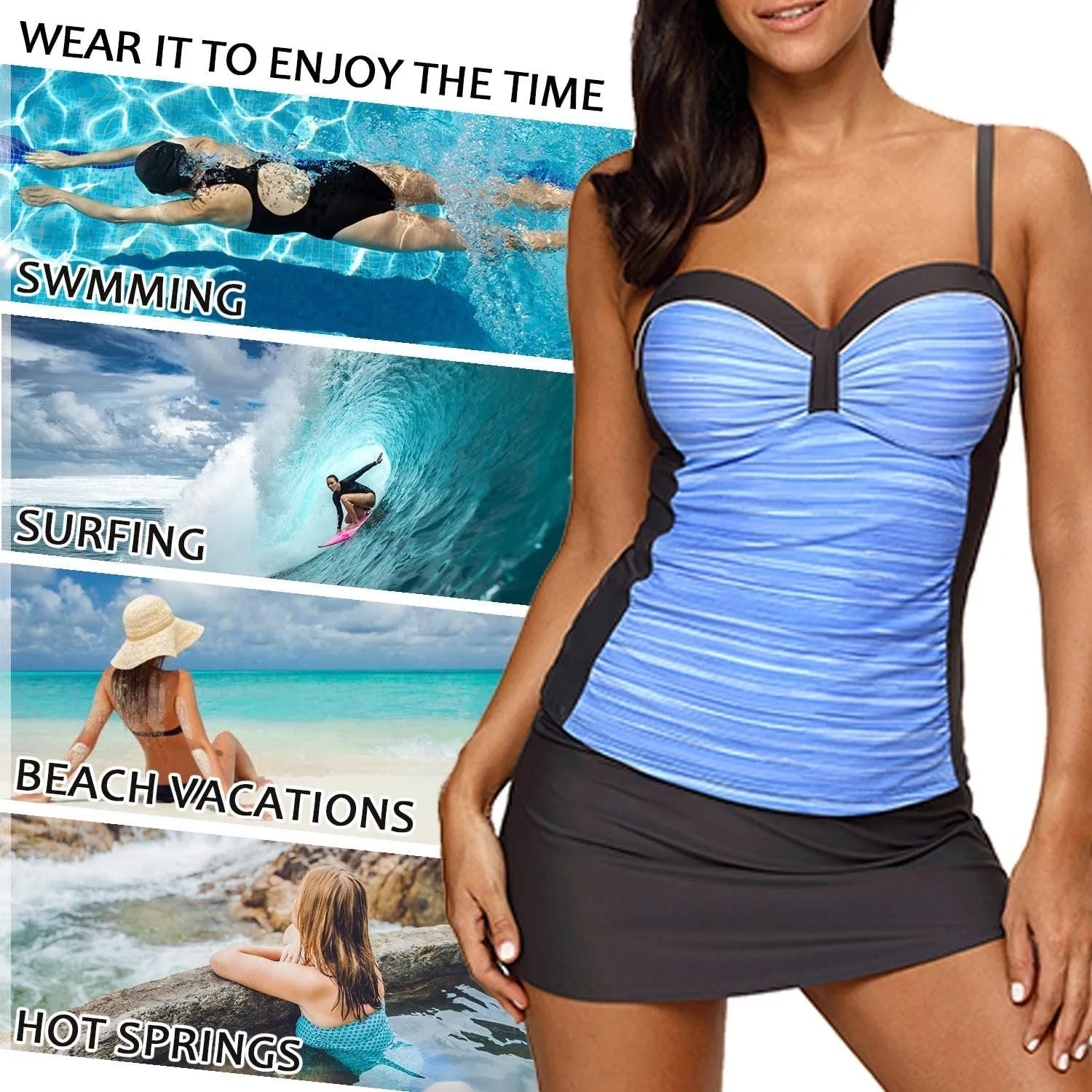 NXY Women's Colorblock Push Up Tankini Tops with Skirted Bottom Swimsuits Set