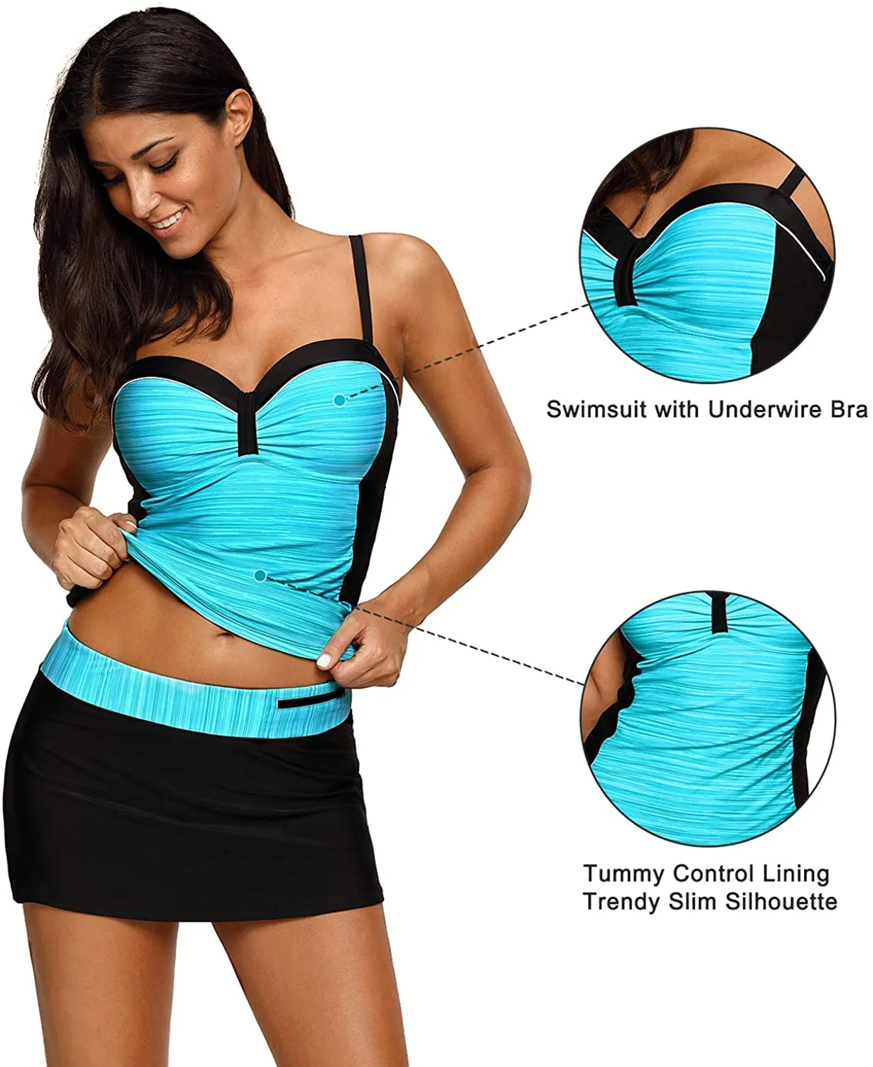 NXY Women's Colorblock Push Up Tankini Tops with Skirted Bottom Swimsuits Set