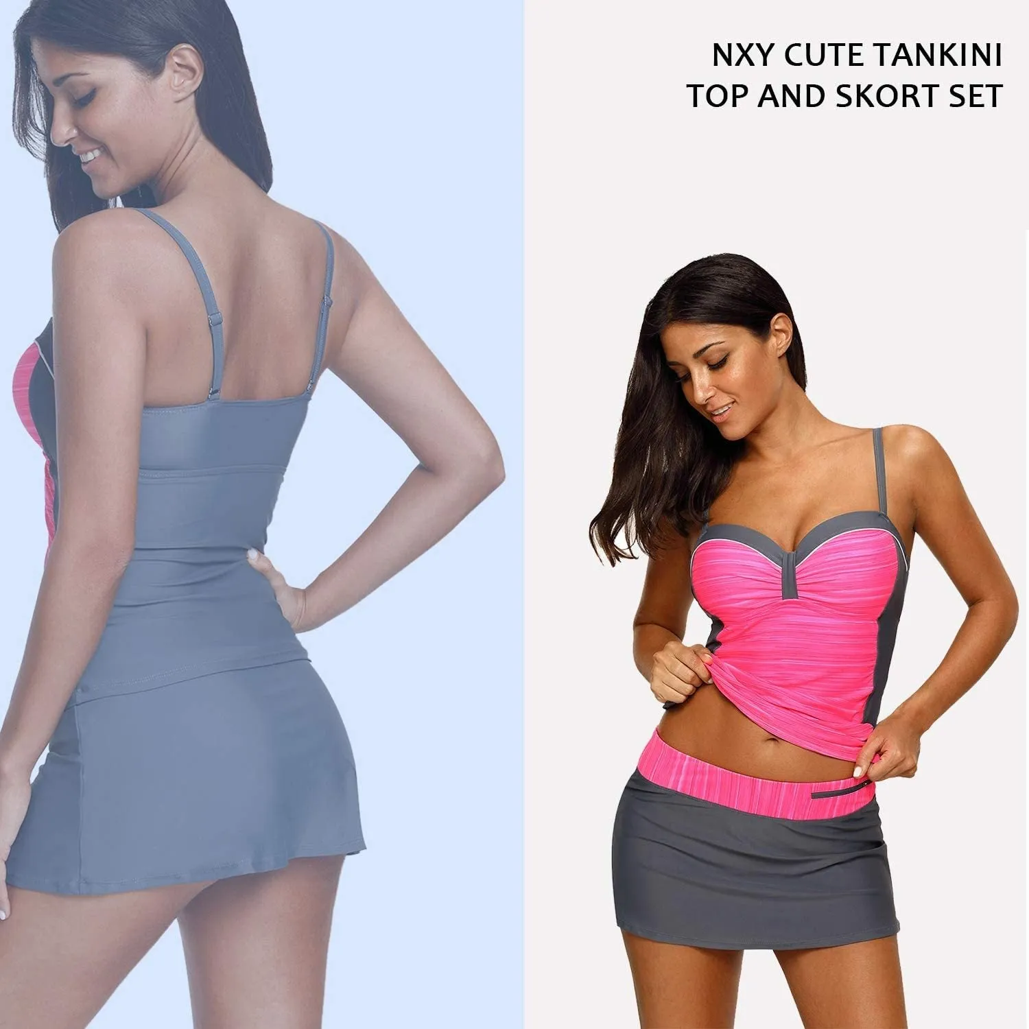 NXY Women's Colorblock Push Up Tankini Tops with Skirted Bottom Swimsuits Set