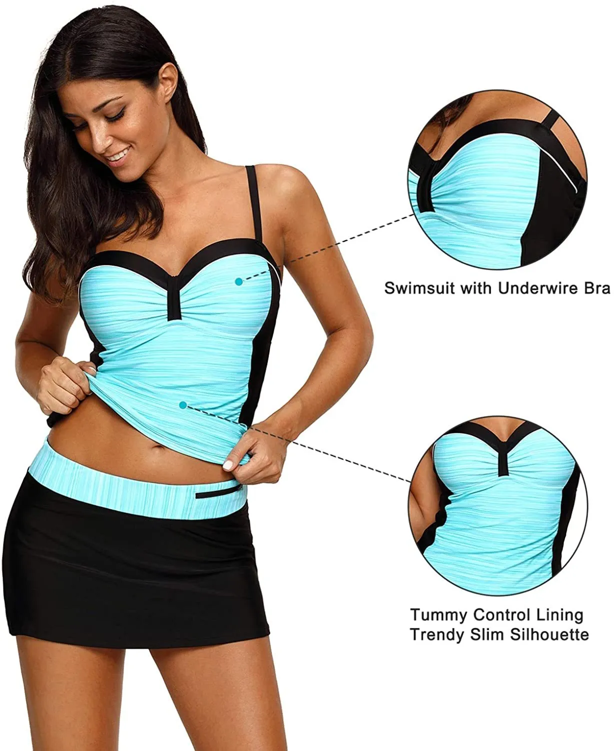NXY Women's Colorblock Push Up Tankini Tops with Skirted Bottom Swimsuits Set