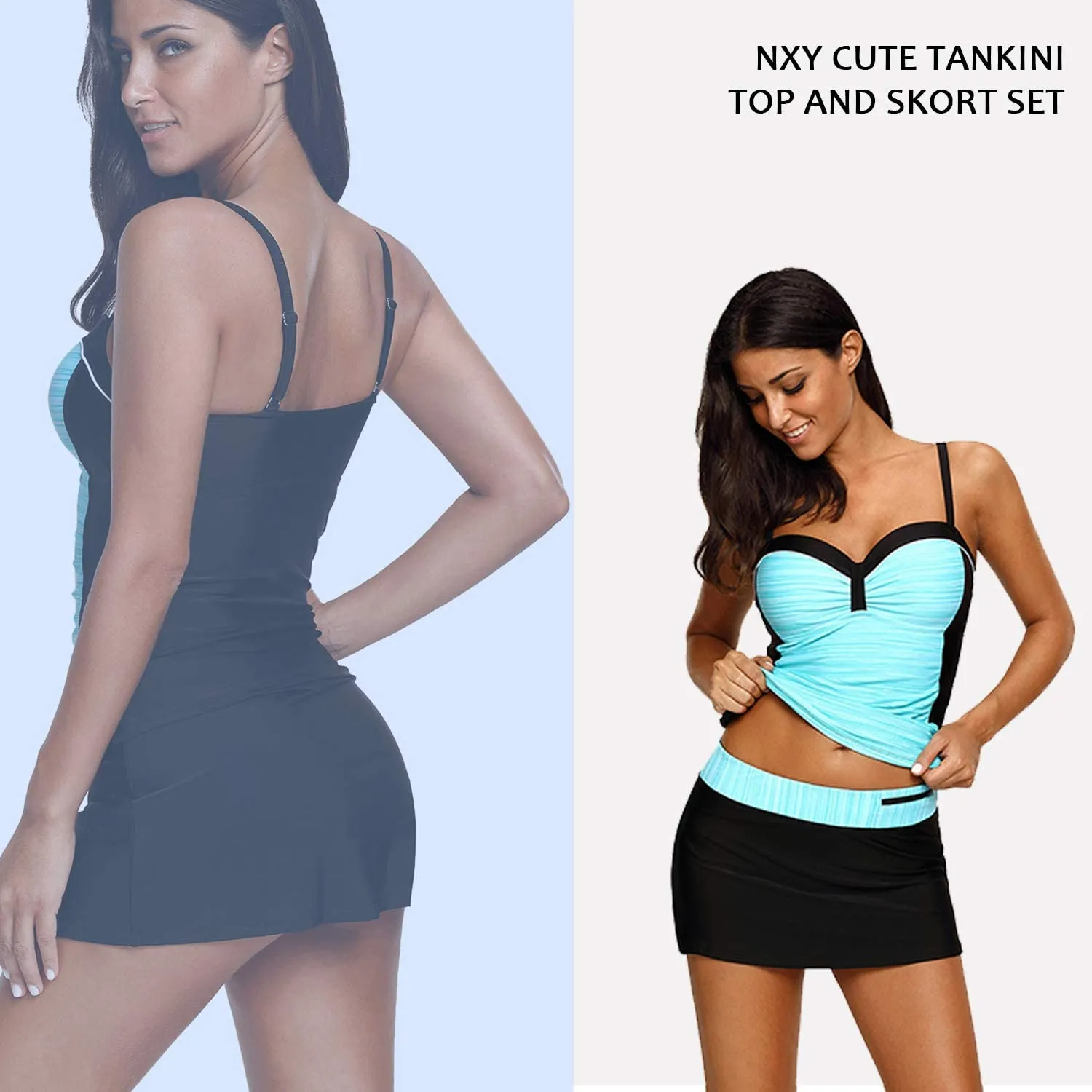 NXY Women's Colorblock Push Up Tankini Tops with Skirted Bottom Swimsuits Set