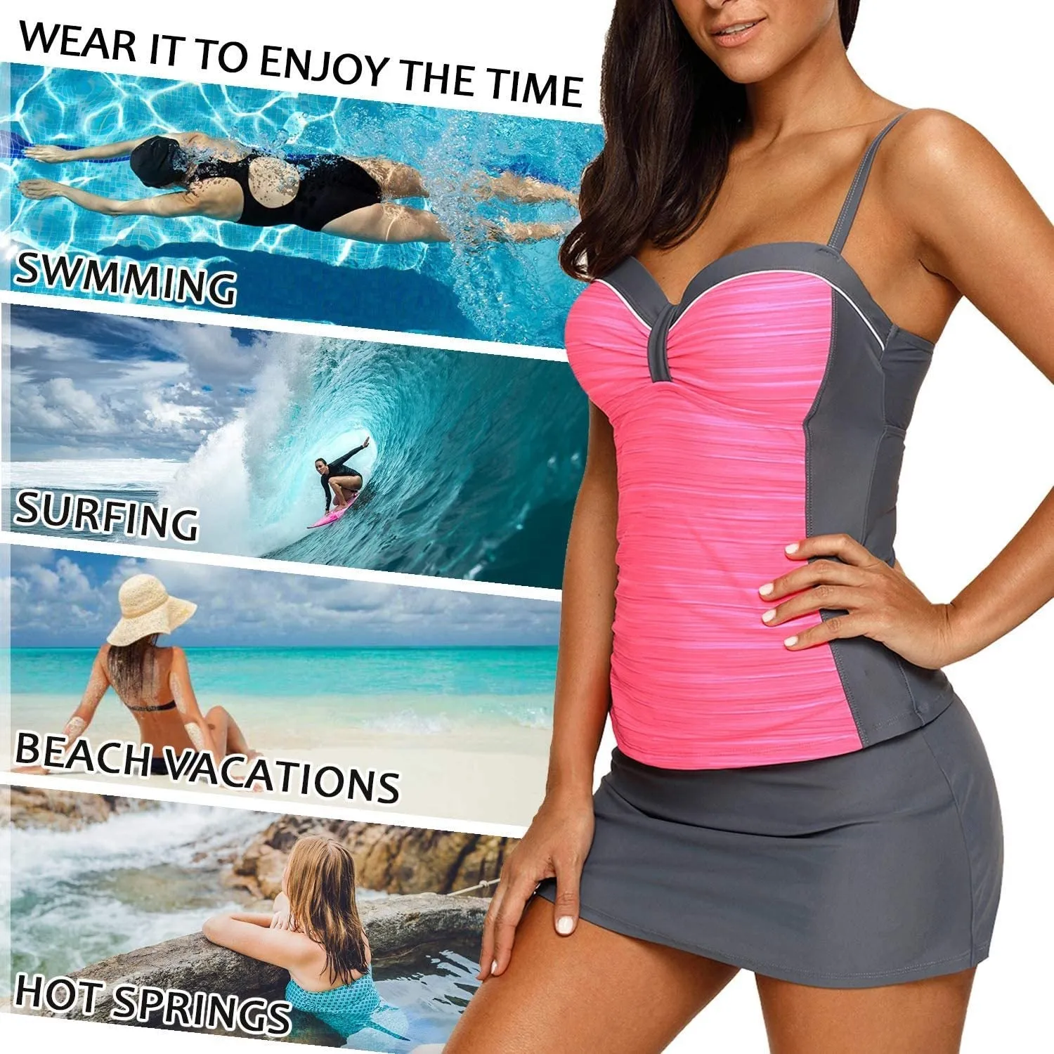 NXY Women's Colorblock Push Up Tankini Tops with Skirted Bottom Swimsuits Set