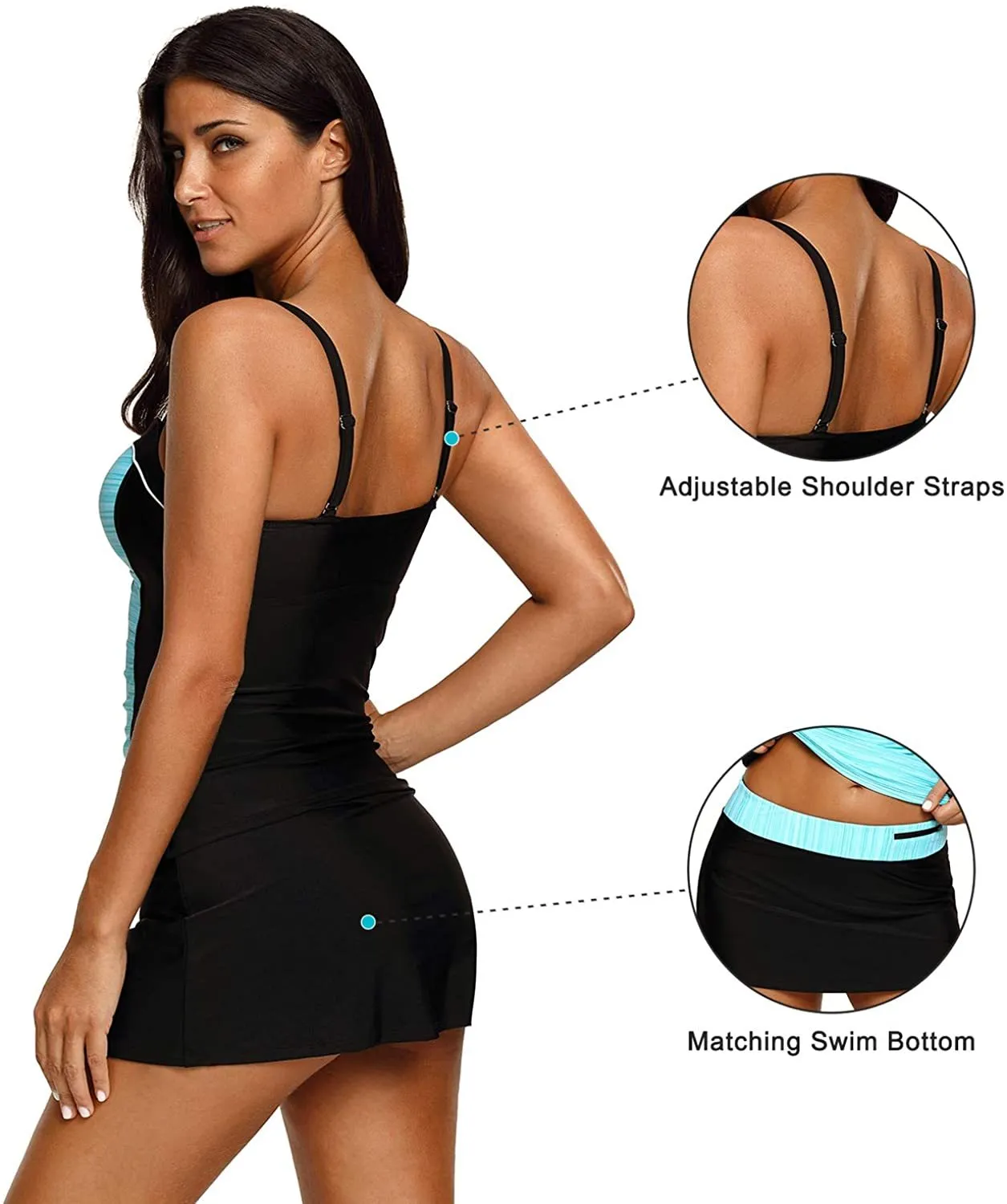 NXY Women's Colorblock Push Up Tankini Tops with Skirted Bottom Swimsuits Set