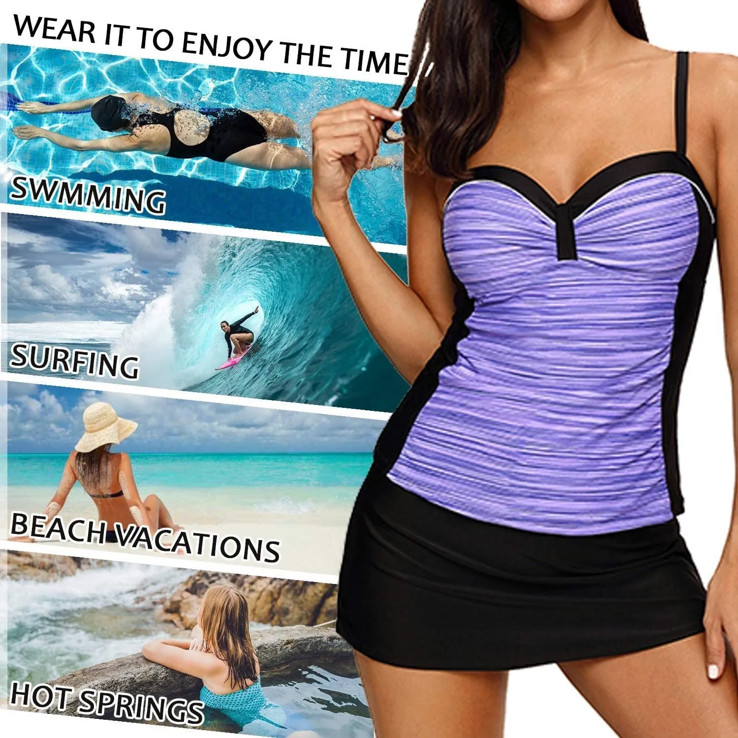 NXY Women's Colorblock Push Up Tankini Tops with Skirted Bottom Swimsuits Set