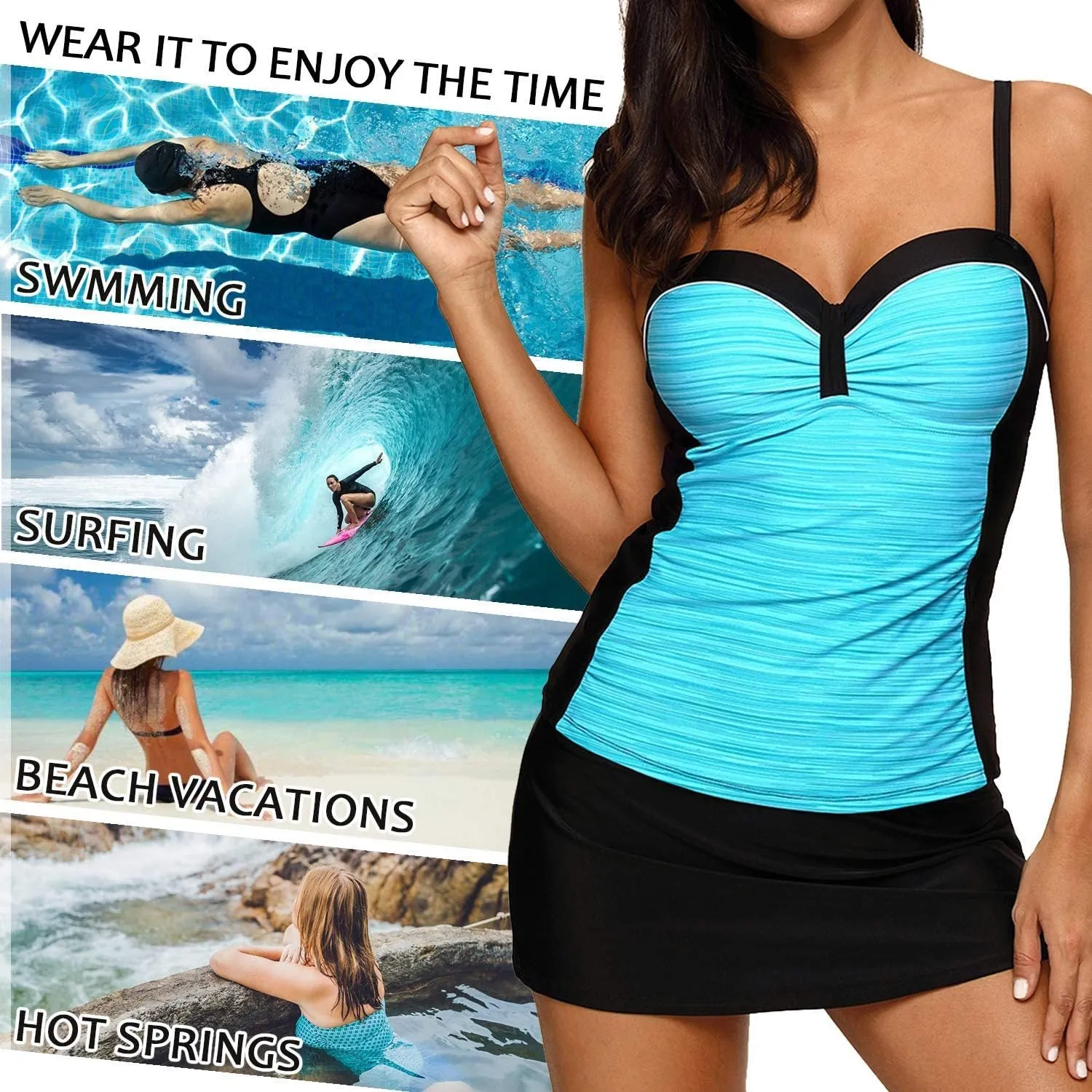 NXY Women's Colorblock Push Up Tankini Tops with Skirted Bottom Swimsuits Set