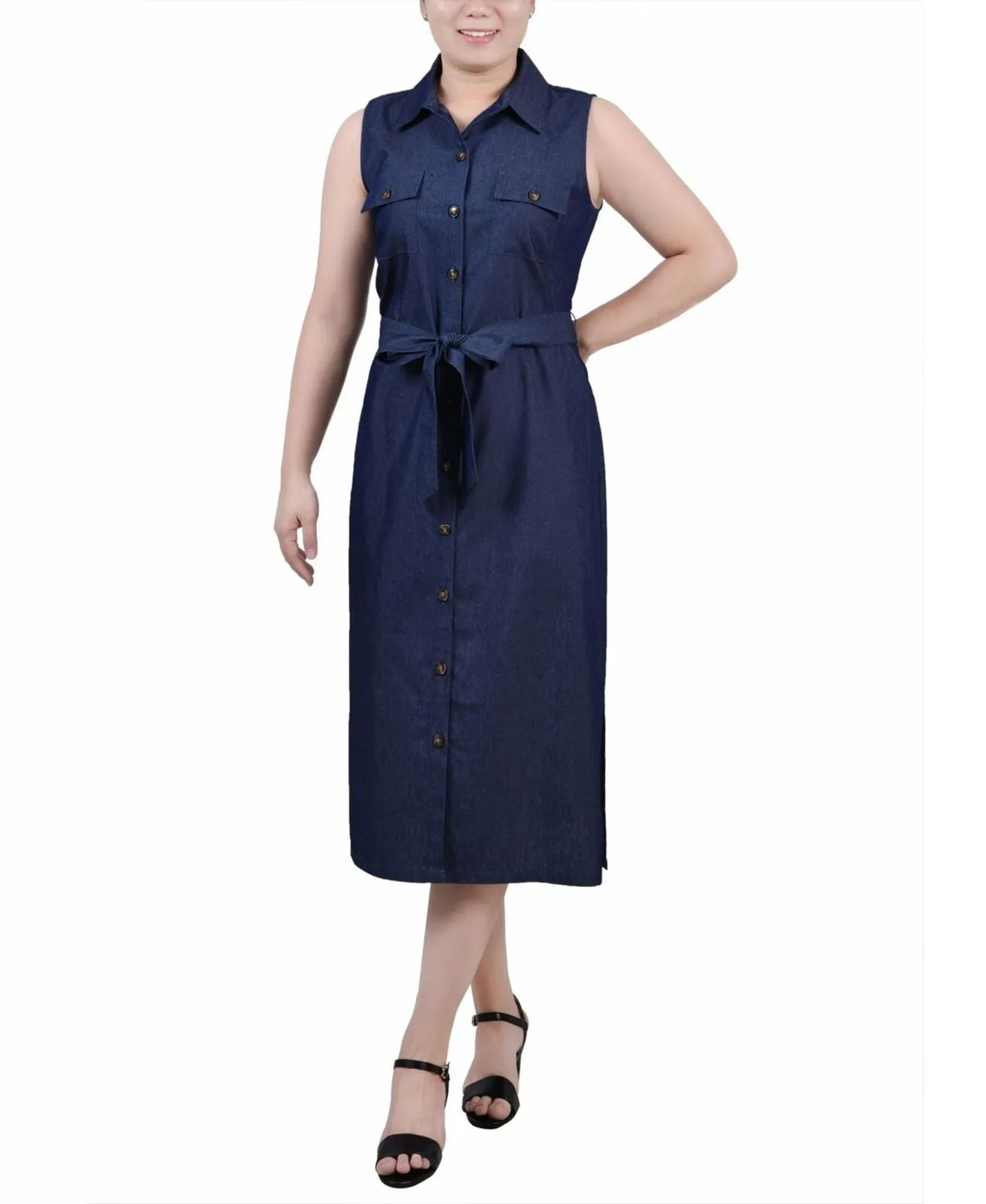 Ny Collection Womens Petite Sleeveless Belted Chambray Midi Dress PCBD1242