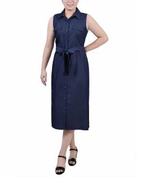 Ny Collection Womens Petite Sleeveless Belted Chambray Midi Dress PCBD1242